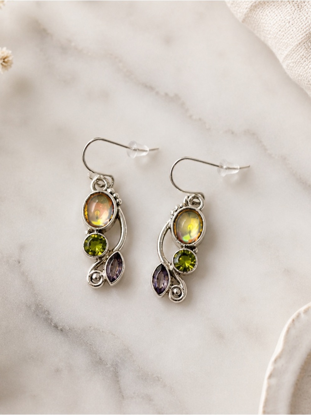Silver Tone Multi-Stone Dangle Earrings Iridescent Green Purple - Picture 3 of 4